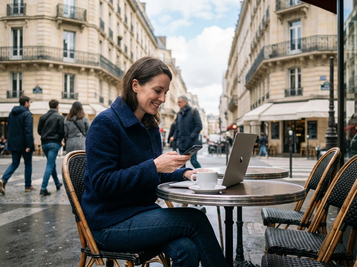 Femme assise dans un café parisien avec ordinateur et smartphone