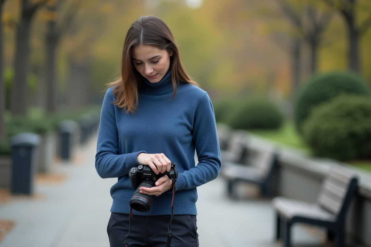 Femme changeant un objectif de son appareil photo en plein air