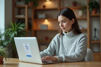 Femme configurant son accès à Eduservices depuis son bureau à domicile sur un ordinateur portable