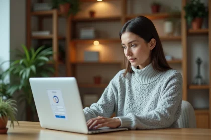 Femme configurant son accès à Eduservices depuis son bureau à domicile sur un ordinateur portable
