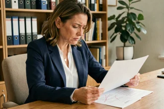 Femme professionnelle comparant deux lettres de recommandation imprimées à son bureau avec des corrections manuscrites en rouge