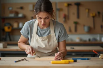 Femme adulte débutante en cours de bricolage tenant un tournevis avec prudence dans un atelier communautaire