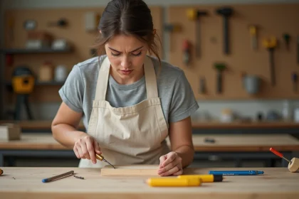Femme adulte débutante en cours de bricolage tenant un tournevis avec prudence dans un atelier communautaire