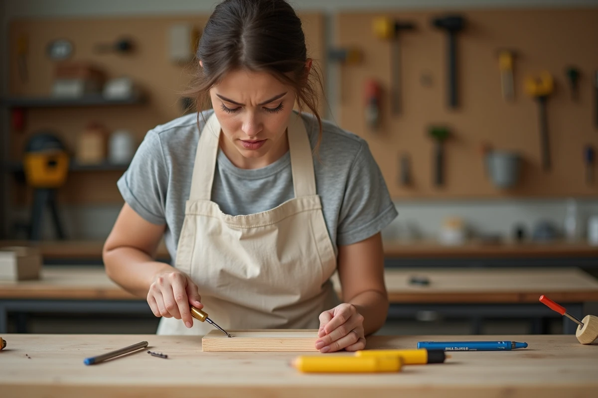 Femme adulte débutante en cours de bricolage tenant un tournevis avec prudence dans un atelier communautaire