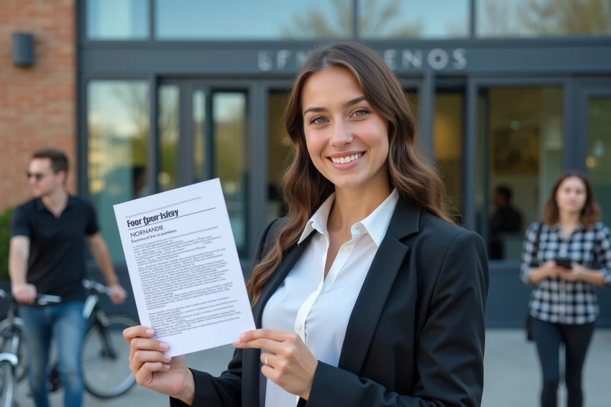 Jeune femme avec guide devant une &eacute;cole professionnelle