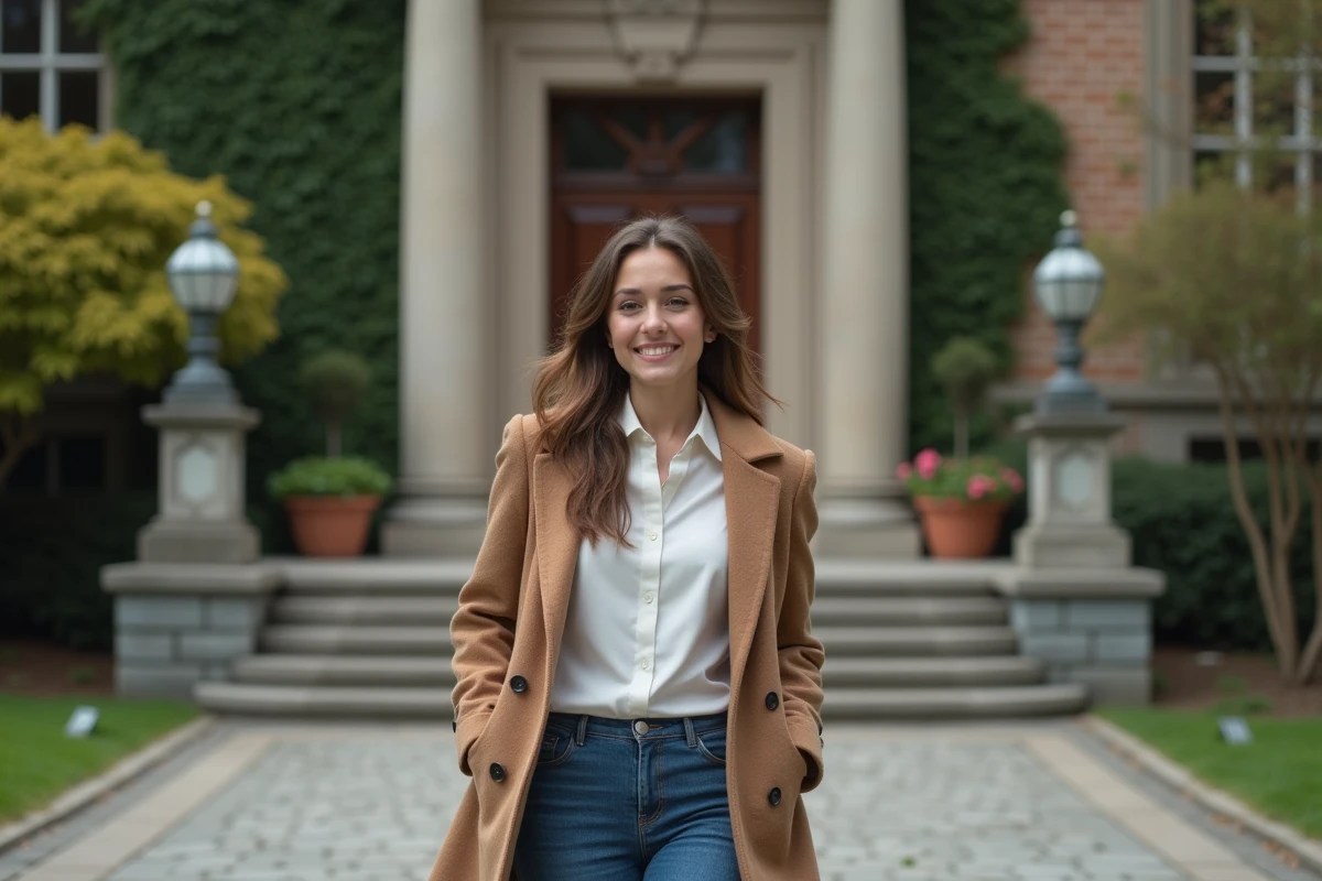 Jeune femme souriante entrant dans un bâtiment universitaire