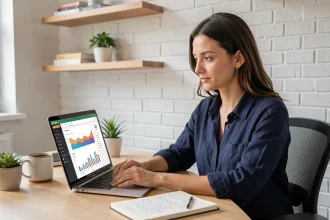 Femme entrepreneur gérant ses campagnes emailing et ses funnels marketing depuis son bureau à domicile