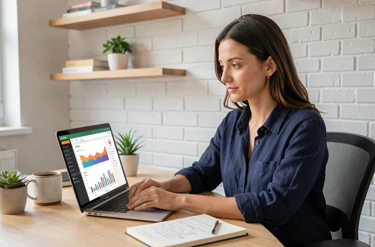 Femme entrepreneur gérant ses campagnes emailing et ses funnels marketing depuis son bureau à domicile