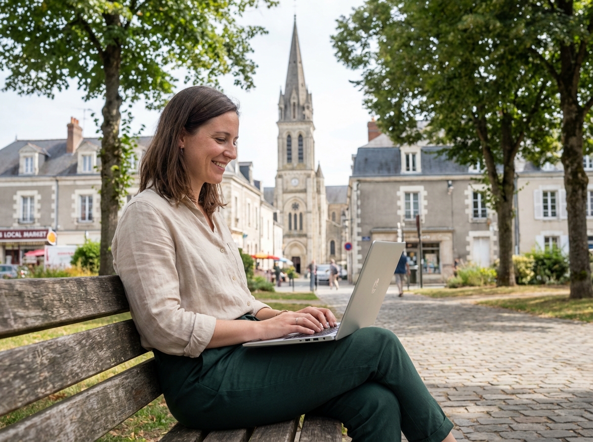 Femme travaillant sur son ordinateur dans un parc à Cholet