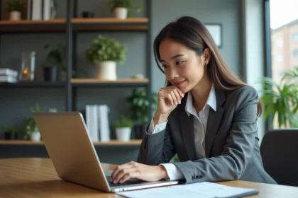 Femme en tenue professionnelle consulte des CV sur un ordinateur