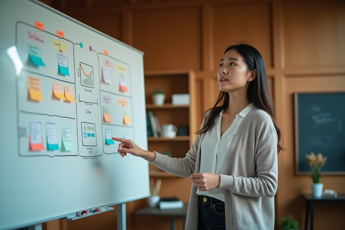 Jeune femme expliquant un diagramme devant un tableau blanc