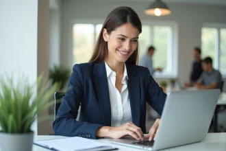 Femme professionnelle utilisant une messagerie pro sécurisée sur ordinateur portable dans un bureau moderne