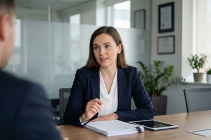 Femme en blazer navy lors d'une réunion professionnelle