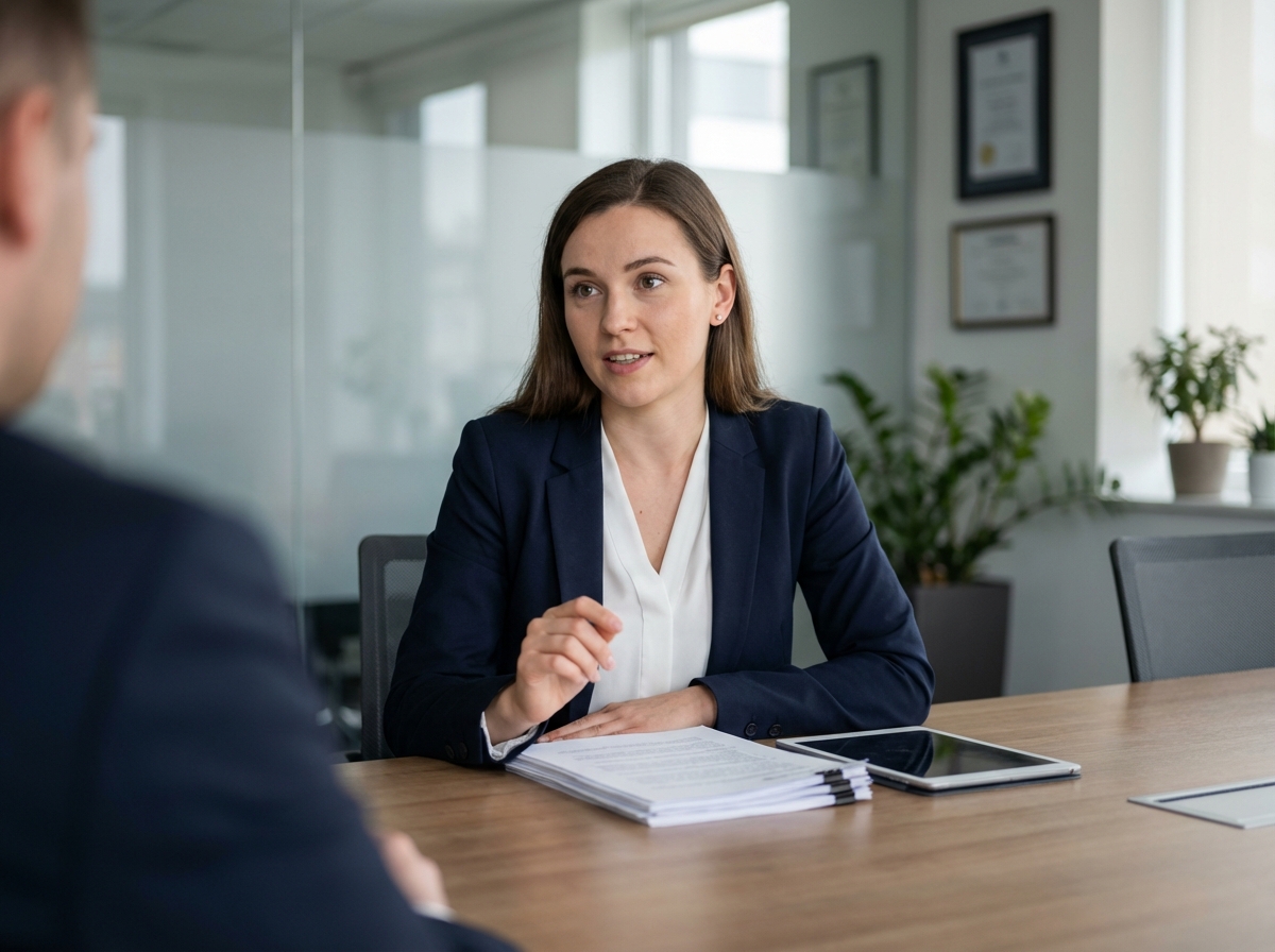 Femme en blazer navy lors d'une réunion professionnelle