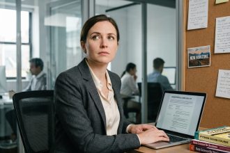Femme en blazer mettant à jour son CV sur un ordinateur