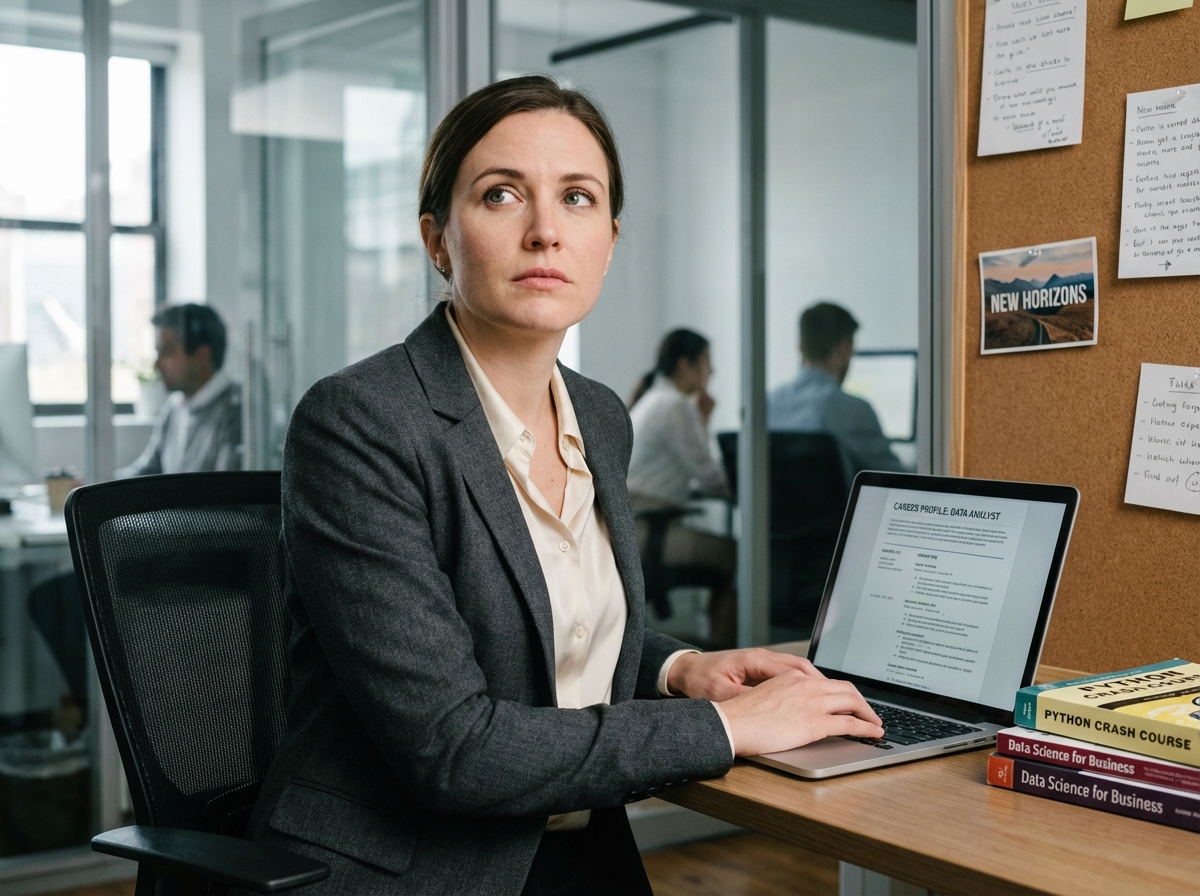 Femme en blazer mettant à jour son CV sur un ordinateur