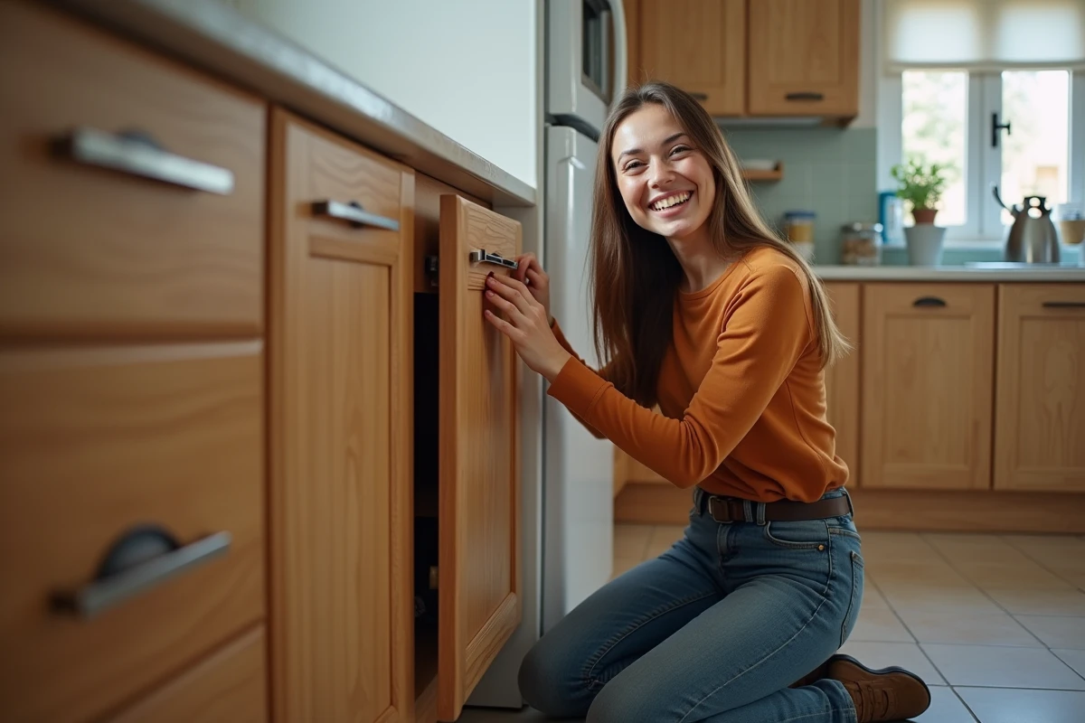 Femme r&eacute;parant une porte de cuisine dans une cuisine moderne