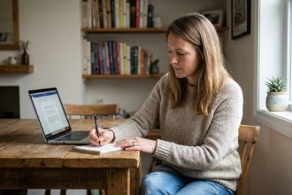 Femme assise à la maison prenant des notes en ligne