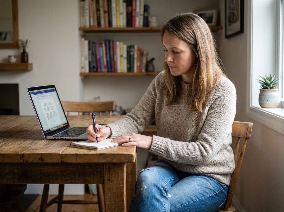 Femme assise à la maison prenant des notes en ligne