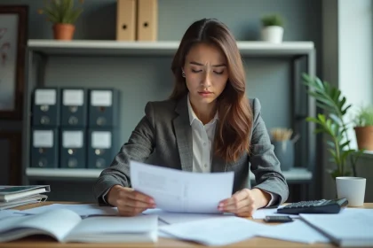 Femme d'affaires pr&eacute;occup&eacute;e dans un bureau moderne