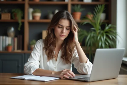 Femme au bureau &agrave; domicile en pleine r&eacute;flexion