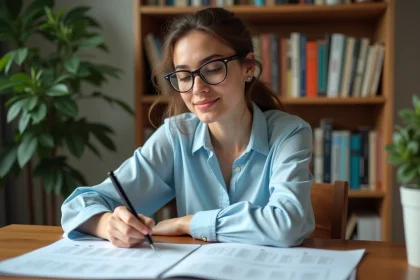 Jeune femme étudiant un tableau de déclinaison allemande