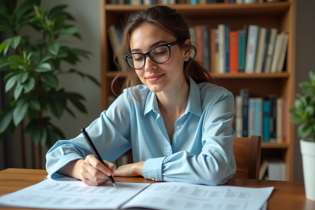 Jeune femme étudiant un tableau de déclinaison allemande