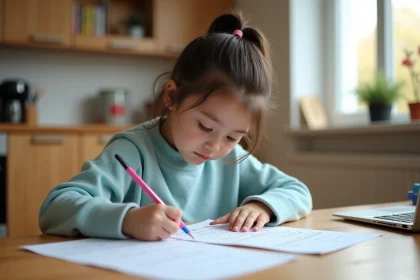 Jeune fille de 7 ans écrit à la maison avec concentration