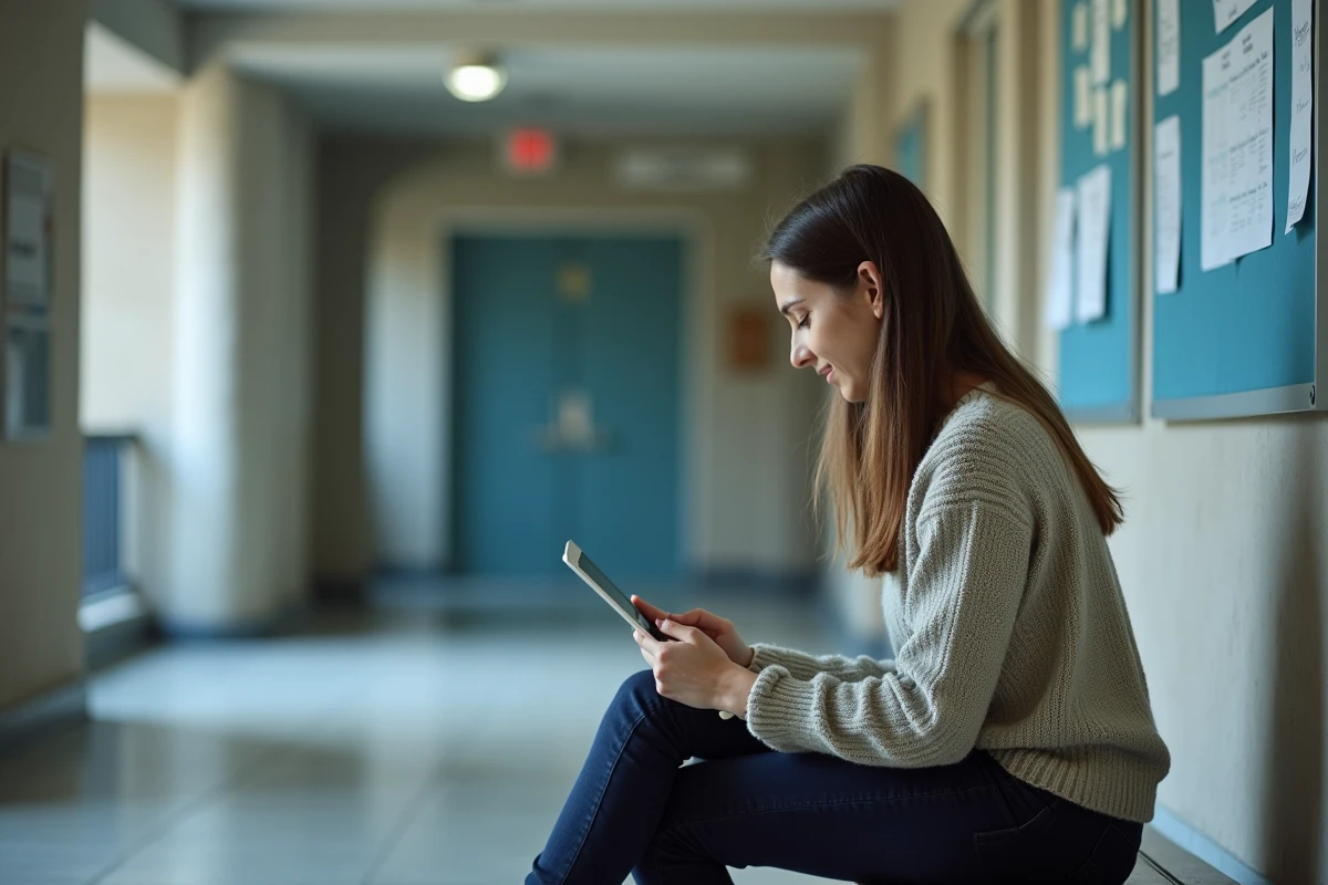 Jeune femme concentrée lisant ses notes sur une tablette dans le couloir