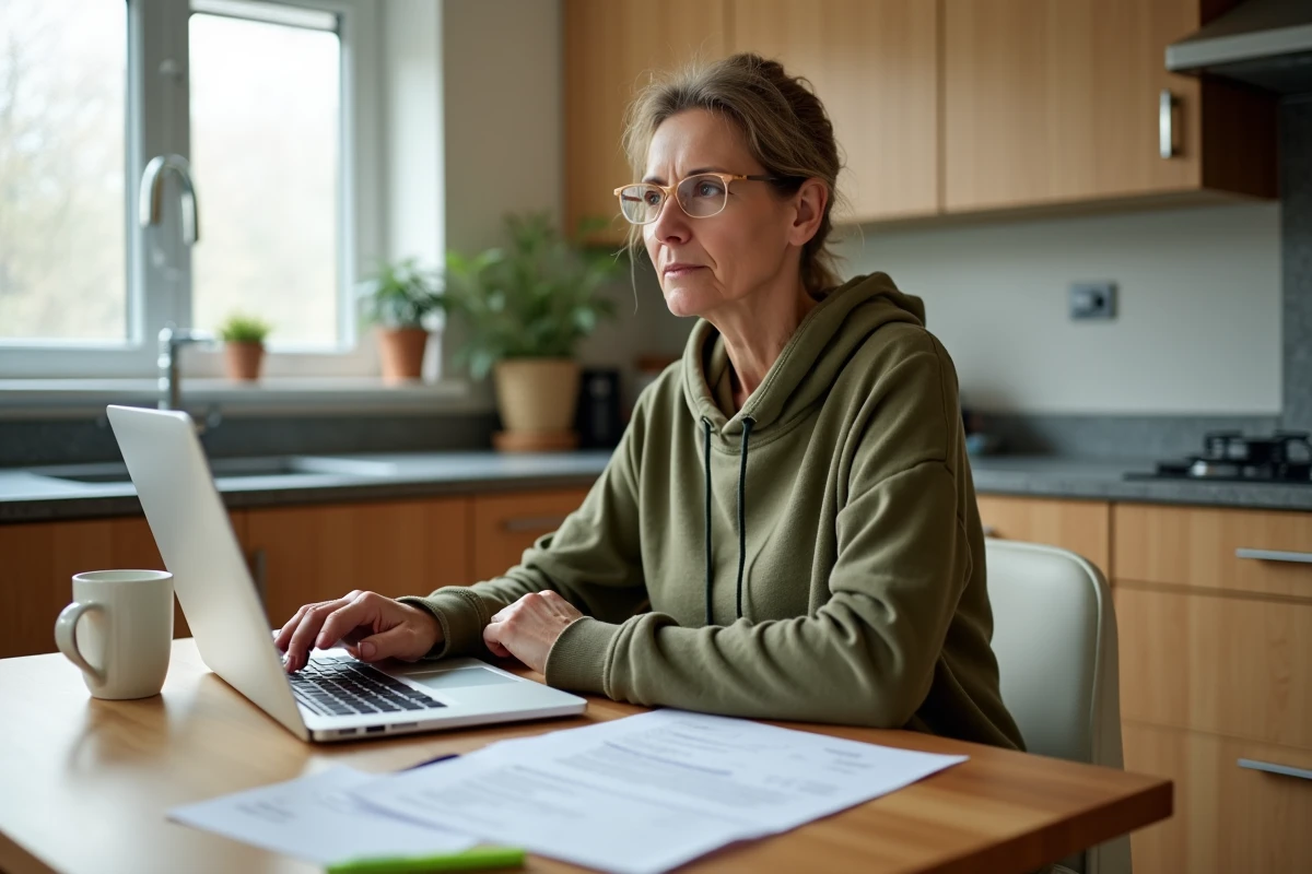Femme consultant un formulaire de financement pour une formation bricolage sur ordinateur portable à la maison