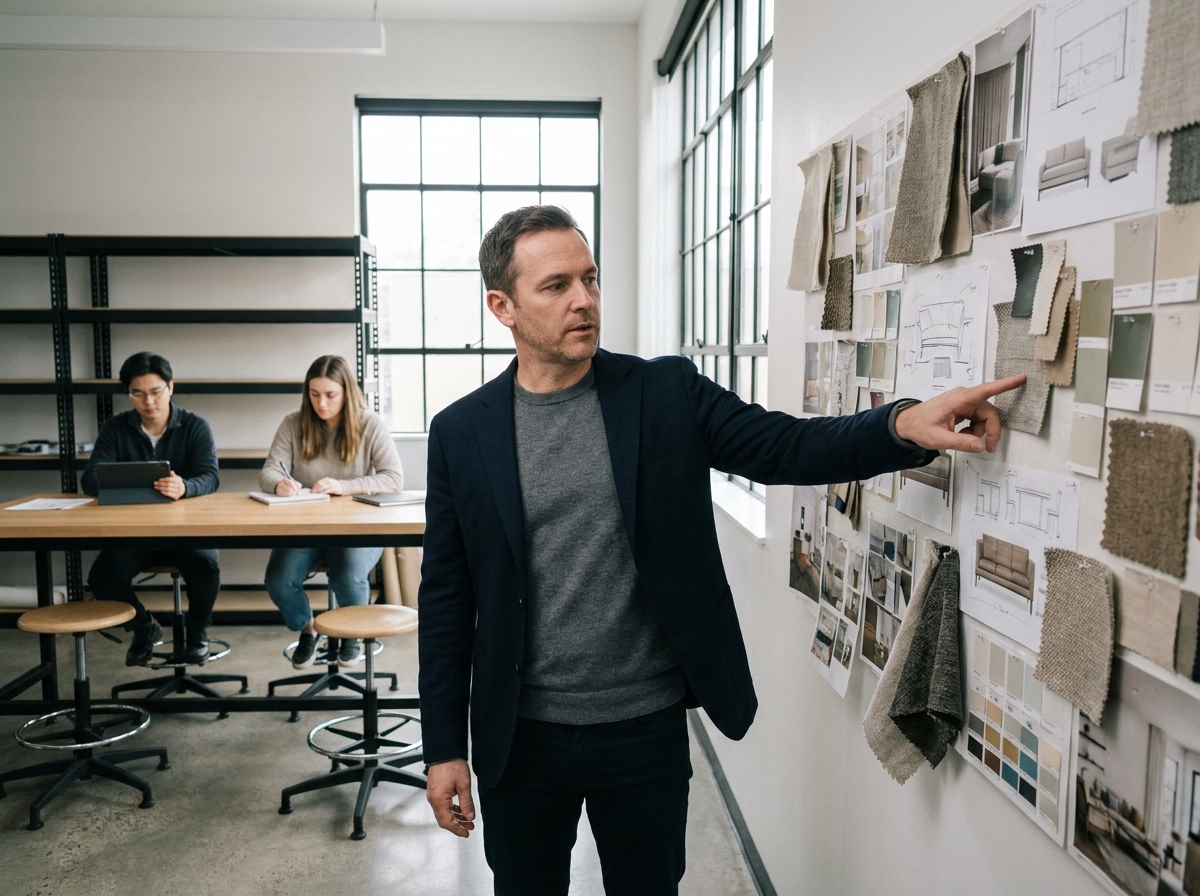 Formateur en design d'intérieur présentant un moodboard à des étudiants dans une salle de cours