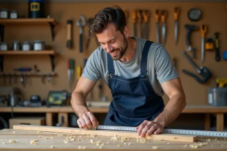Homme adulte mesurant une planche en bois dans un atelier de bricolage bien organisé, illustrant une formation bricolage pratique