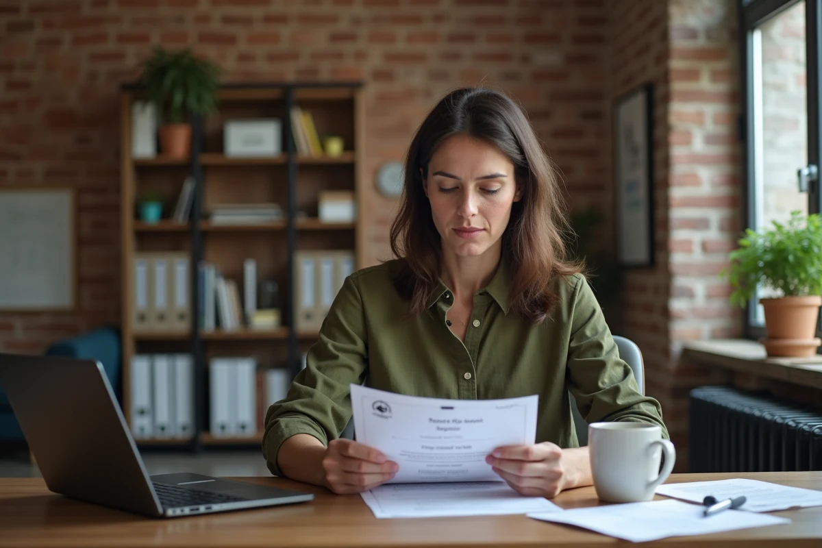 Femme consultant une certification de formation bricolage en ligne sur son bureau à domicile, symbolisant la reconversion professionnelle grâce aux formations gratuites
