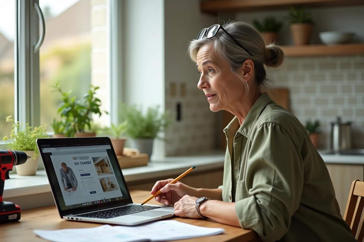 Femme suivant une formation bricolage en ligne sur ordinateur portable à la maison, avec une perceuse sans fil posée sur la table