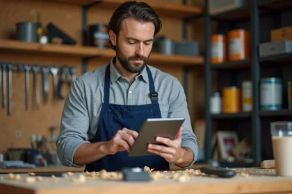 Homme en tablier consultant une formation bricolage en ligne sur une tablette dans un atelier organisé