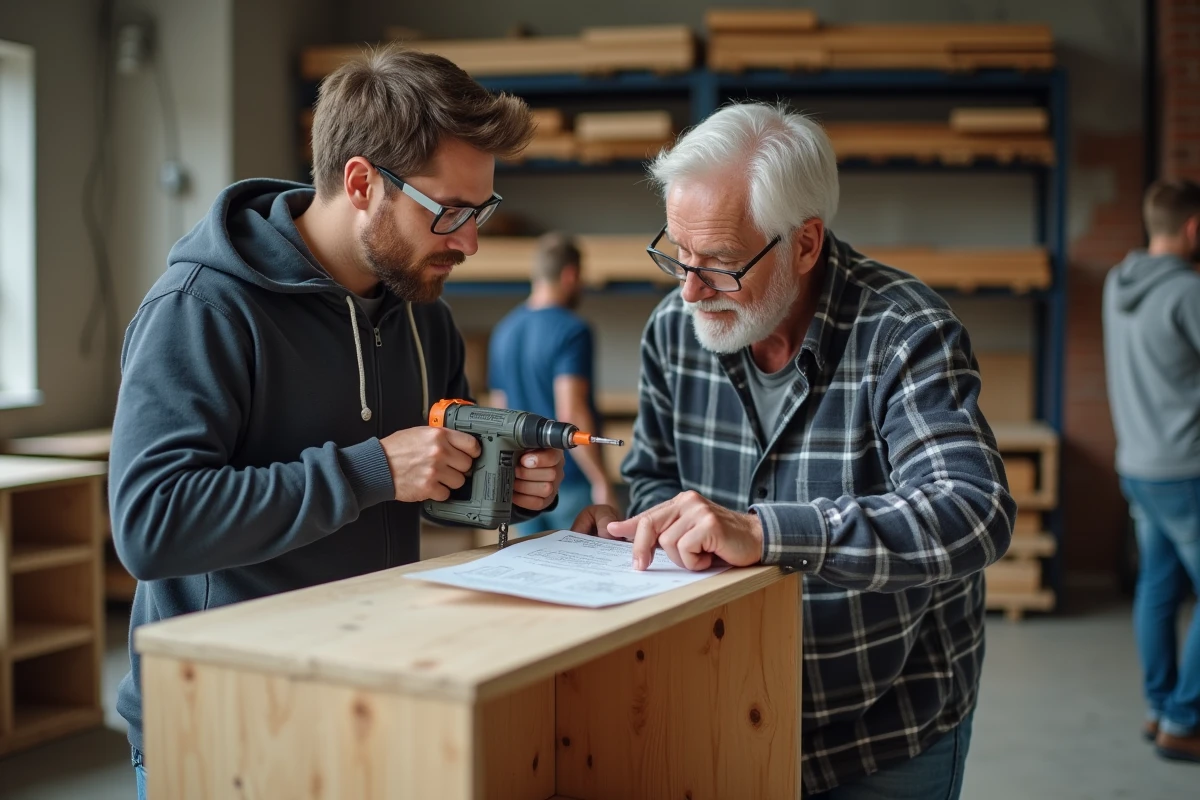Mentor expérimenté guidant un jeune débutant lors d'un atelier de bricolage pratique, assemblage d'étagère en bois en formation