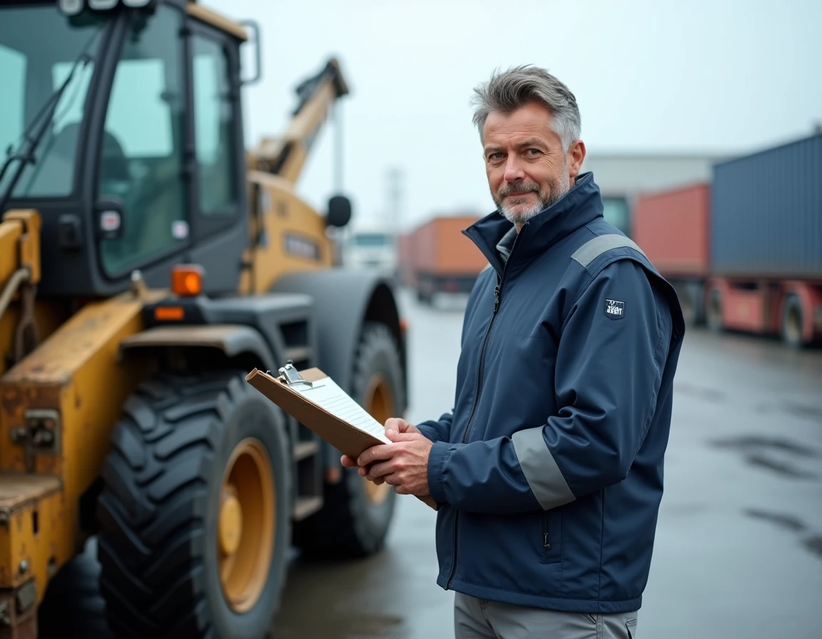 Professionnel de la logistique consultant un document de formation CACES 5 devant un chariot télescopique sur un site industriel extérieur