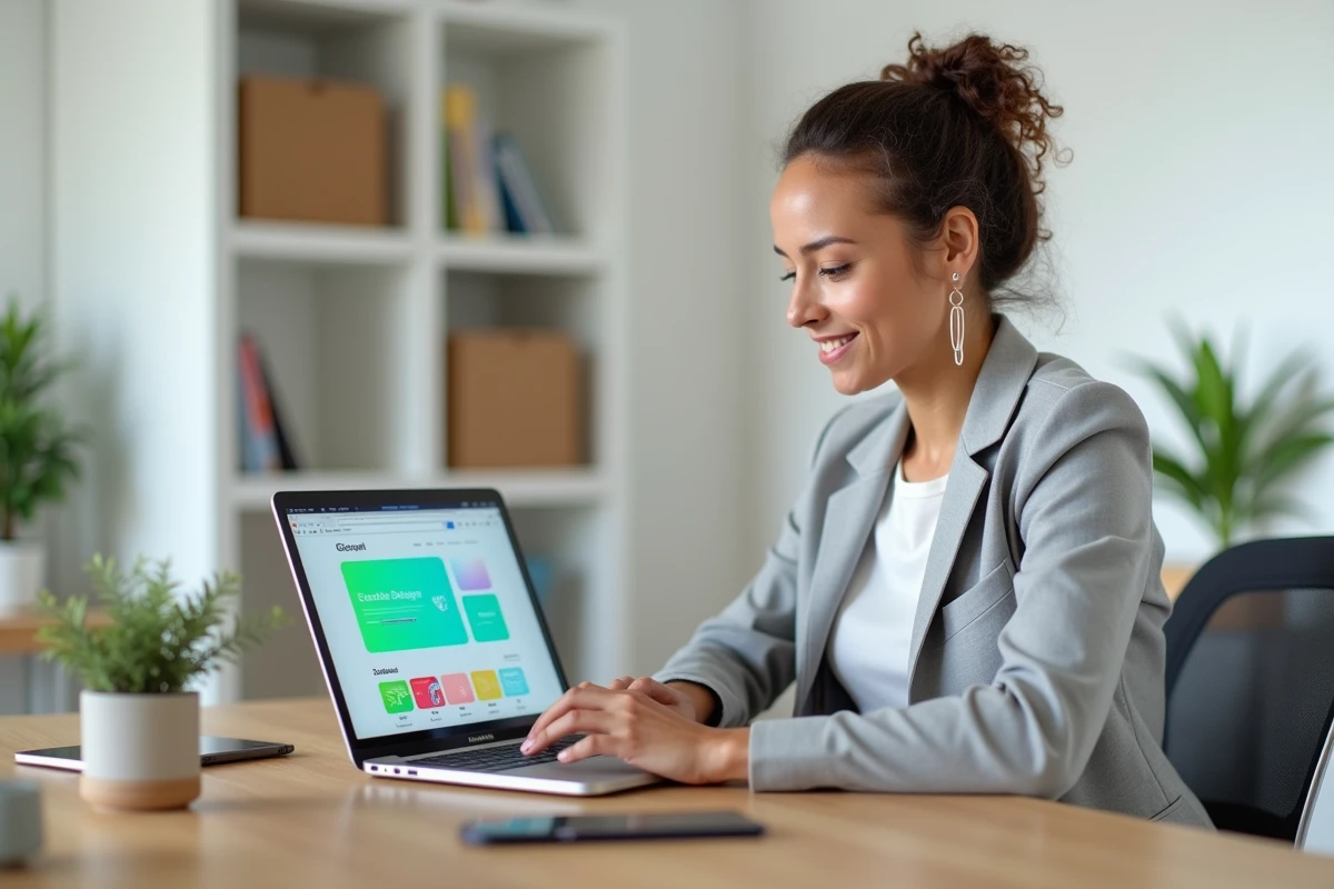 Femme en formation Canva sur son ordinateur portable dans un bureau à domicile moderne