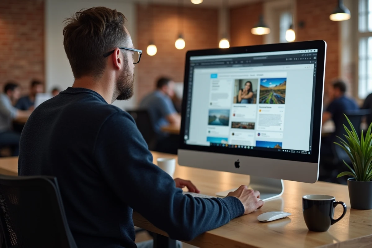 Homme suivant une formation Canva en ligne dans un espace de coworking