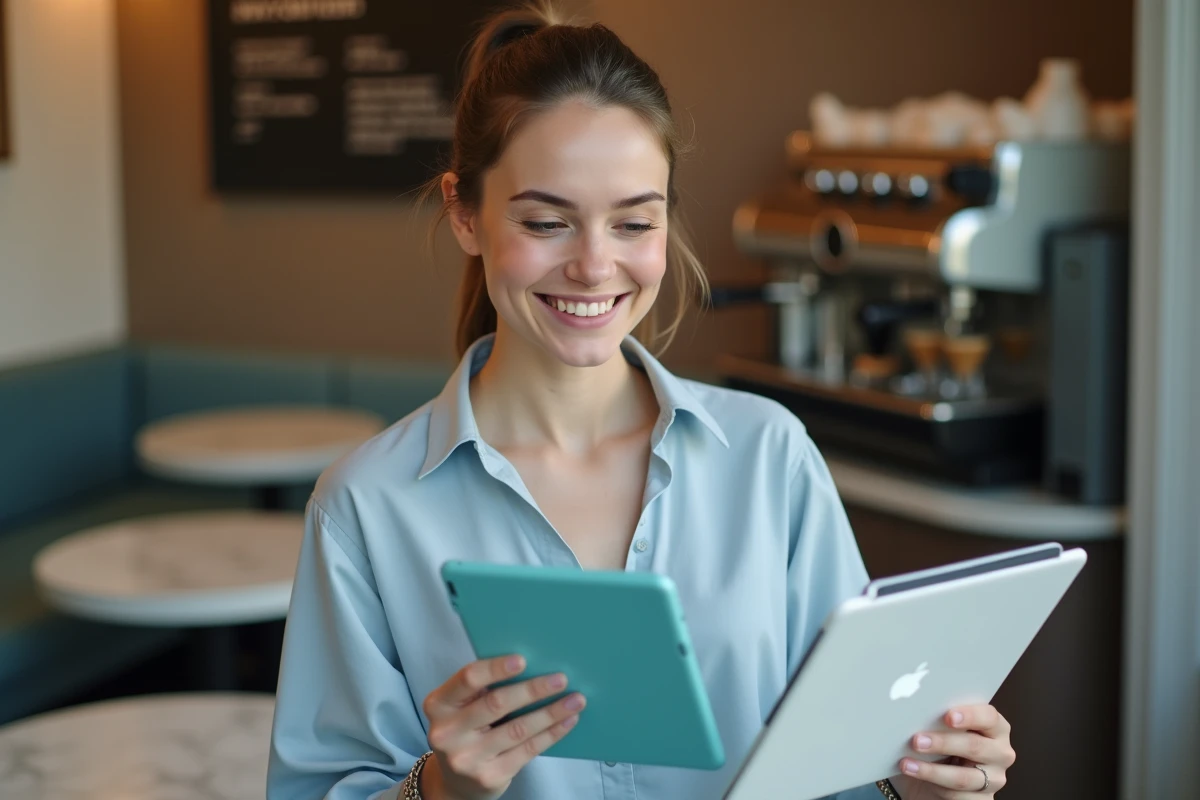 Jeune femme affichant un projet Canva finalisé sur une tablette dans un café