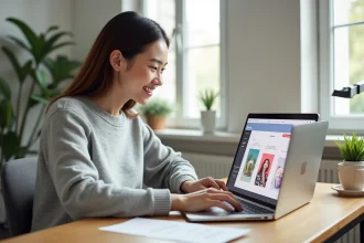 Jeune femme apprenant à créer des posts réseaux sociaux sur Canva depuis son bureau à domicile