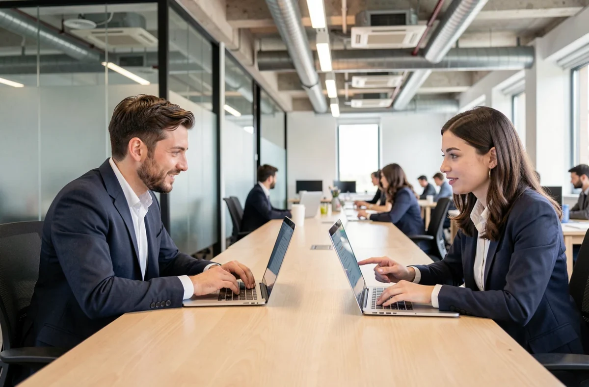 Deux collègues adultes en formation professionnelle à distance sur une plateforme numérique dans un espace de coworking