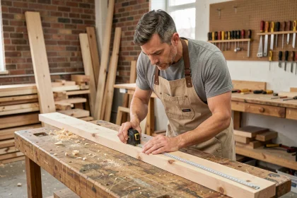 Adulte débutant en formation menuiserie mesurant une planche en bois dans un atelier professionnel