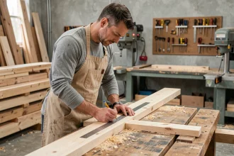 Stagiaire en formation menuiserie mesurant une planche en bois dans un atelier professionnel