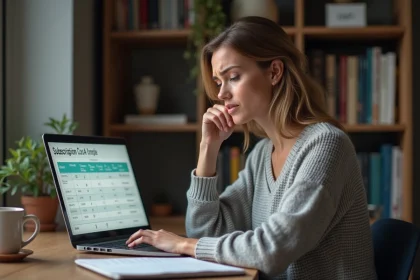 Freelance femme analysant les prix d'un abonnement emailing sur son ordinateur portable dans un bureau à domicile