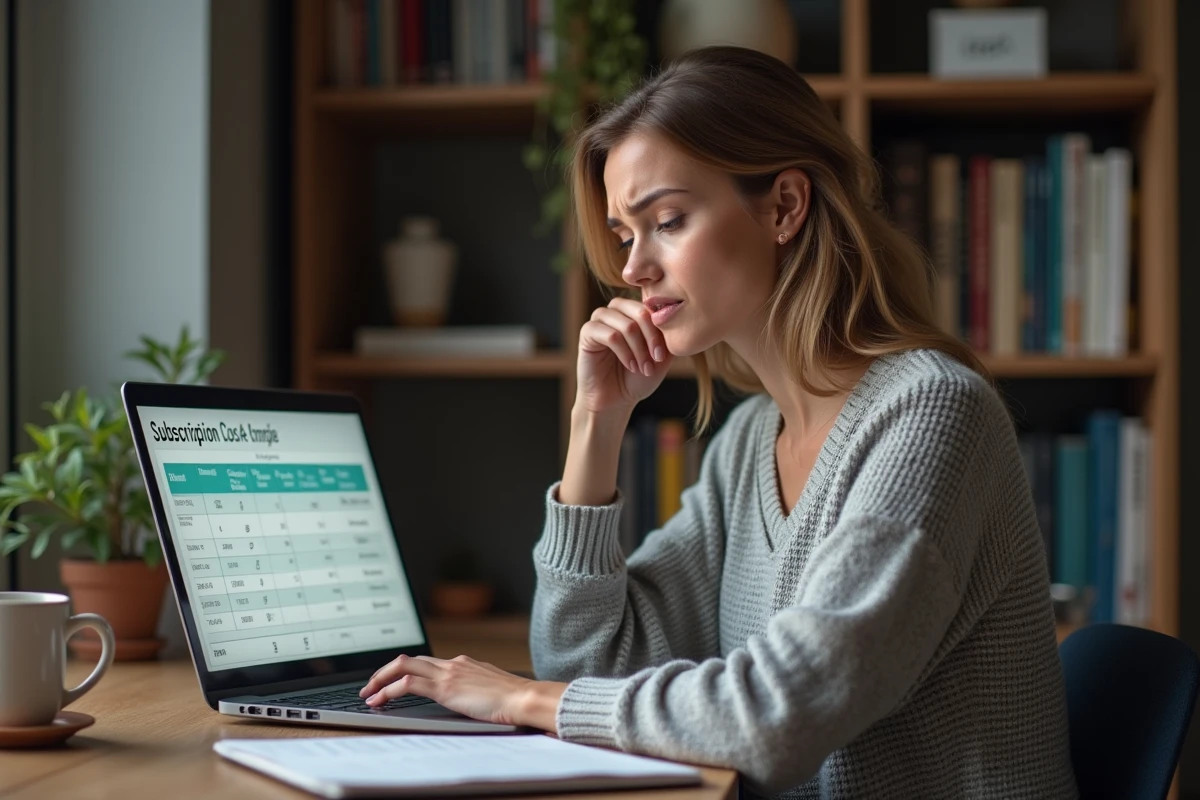 Freelance femme analysant les prix d'un abonnement emailing sur son ordinateur portable dans un bureau à domicile