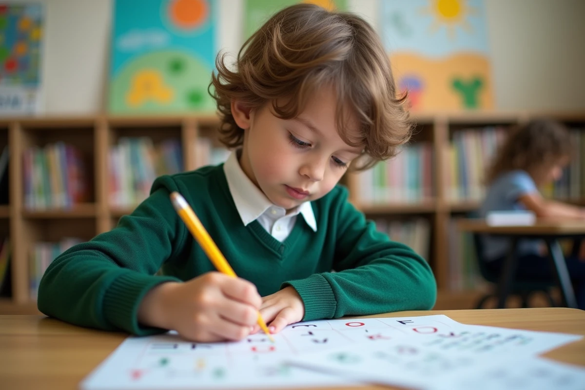 Garçon de 7 ans trace des lettres en classe