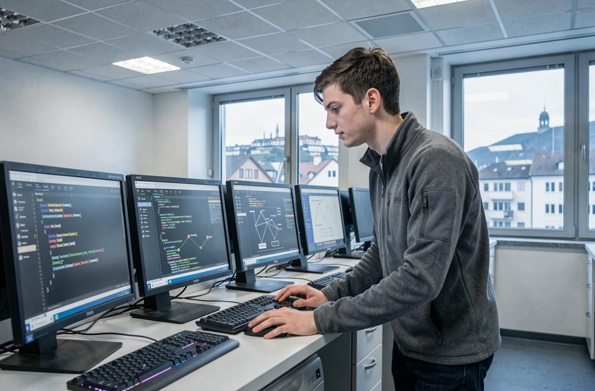 Étudiant de Grenoble INP Ensimag travaillant sur du code informatique dans une salle de laboratoire informatique moderne à Grenoble