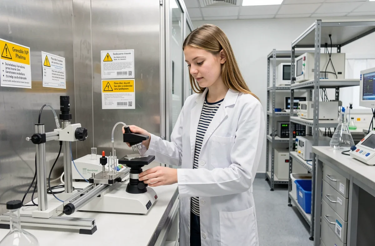 Étudiante de Grenoble INP Phelma manipulant des équipements optiques dans une salle de laboratoire de physique appliquée