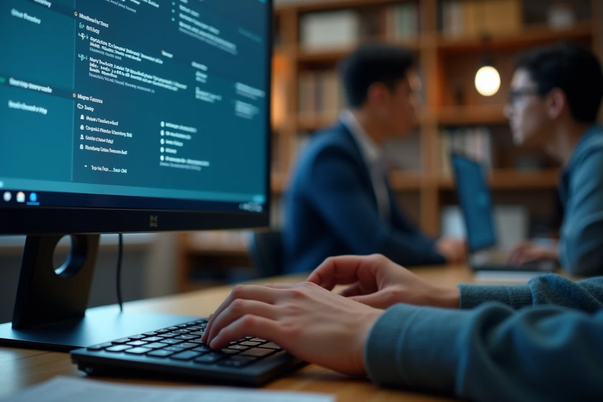 Gros plan sur un écran d'ordinateur affichant les paramètres d'un logiciel de TP avec les mains d'un étudiant sur le clavier